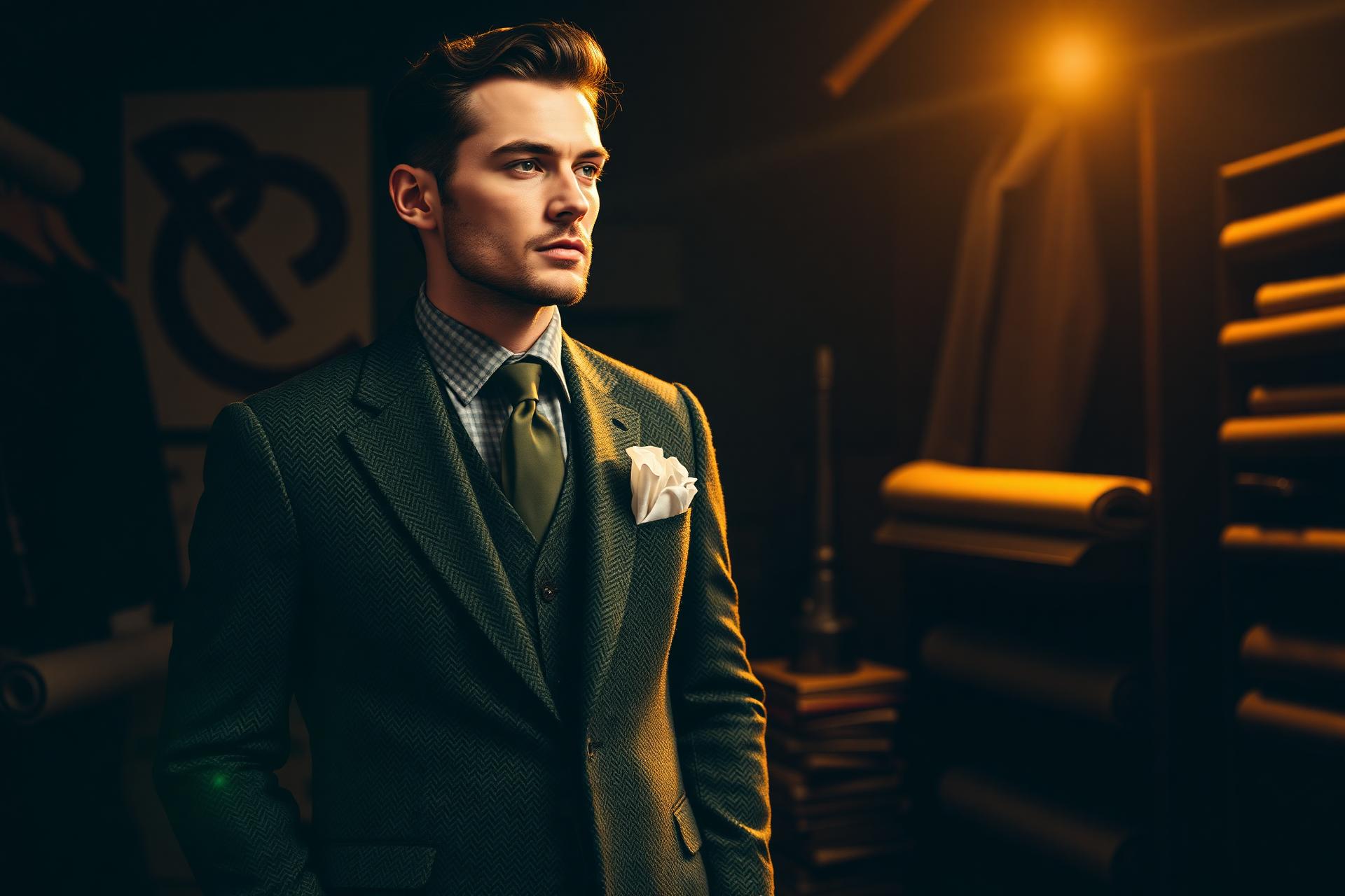 Man in a three-piece tweed suit with waistcoat and pocket square