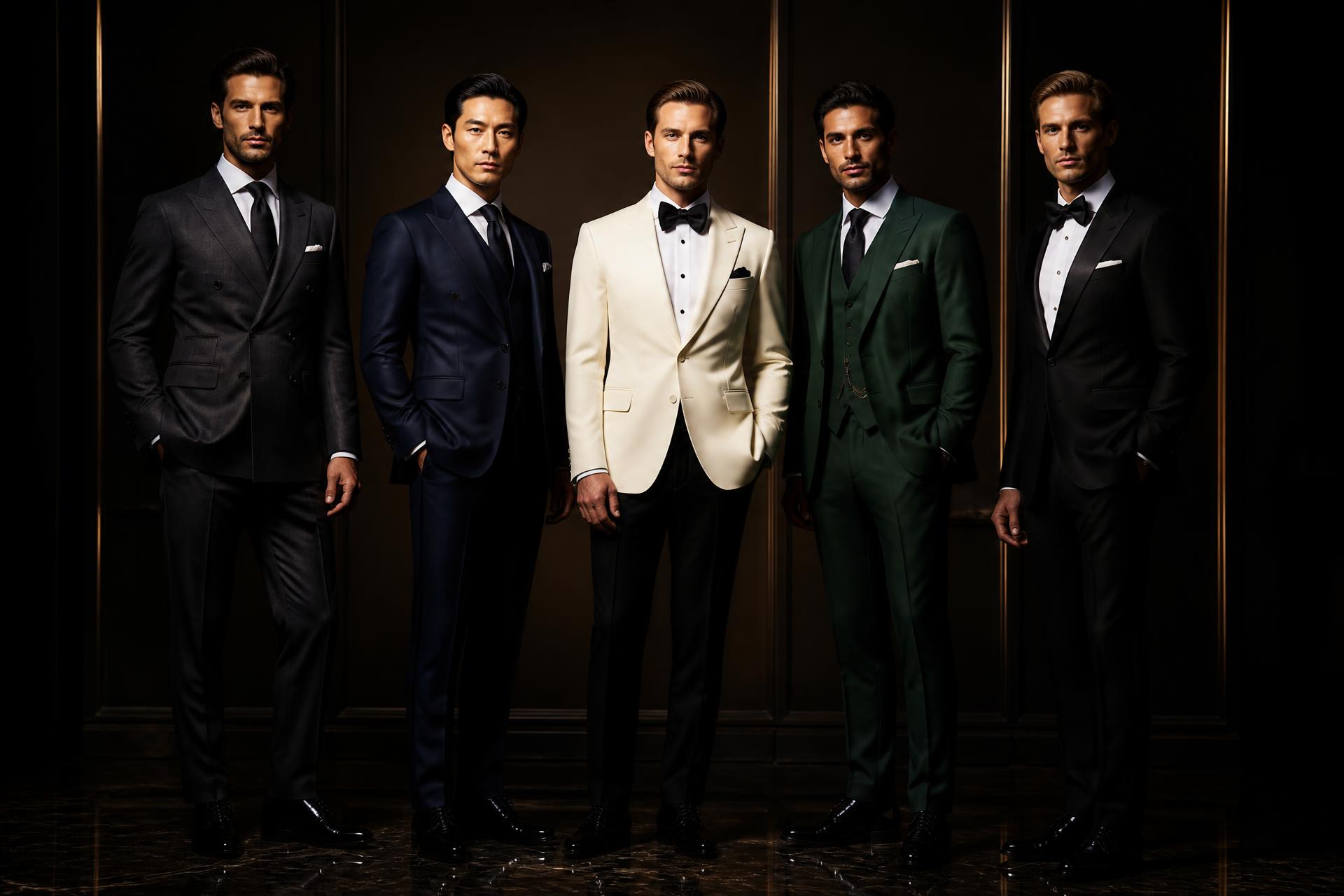 Five men in tailored made-to-measure suits — double-breasted charcoal, navy peak lapel, ivory dinner jacket, green three-piece and black tuxedo
